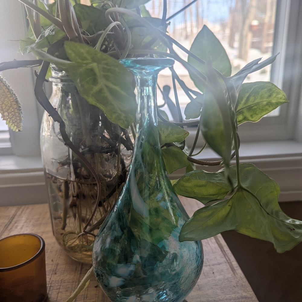 LC ROFF Vase Hand Blown Glass Teardrop Signed Swirls 9” Tall Aqua